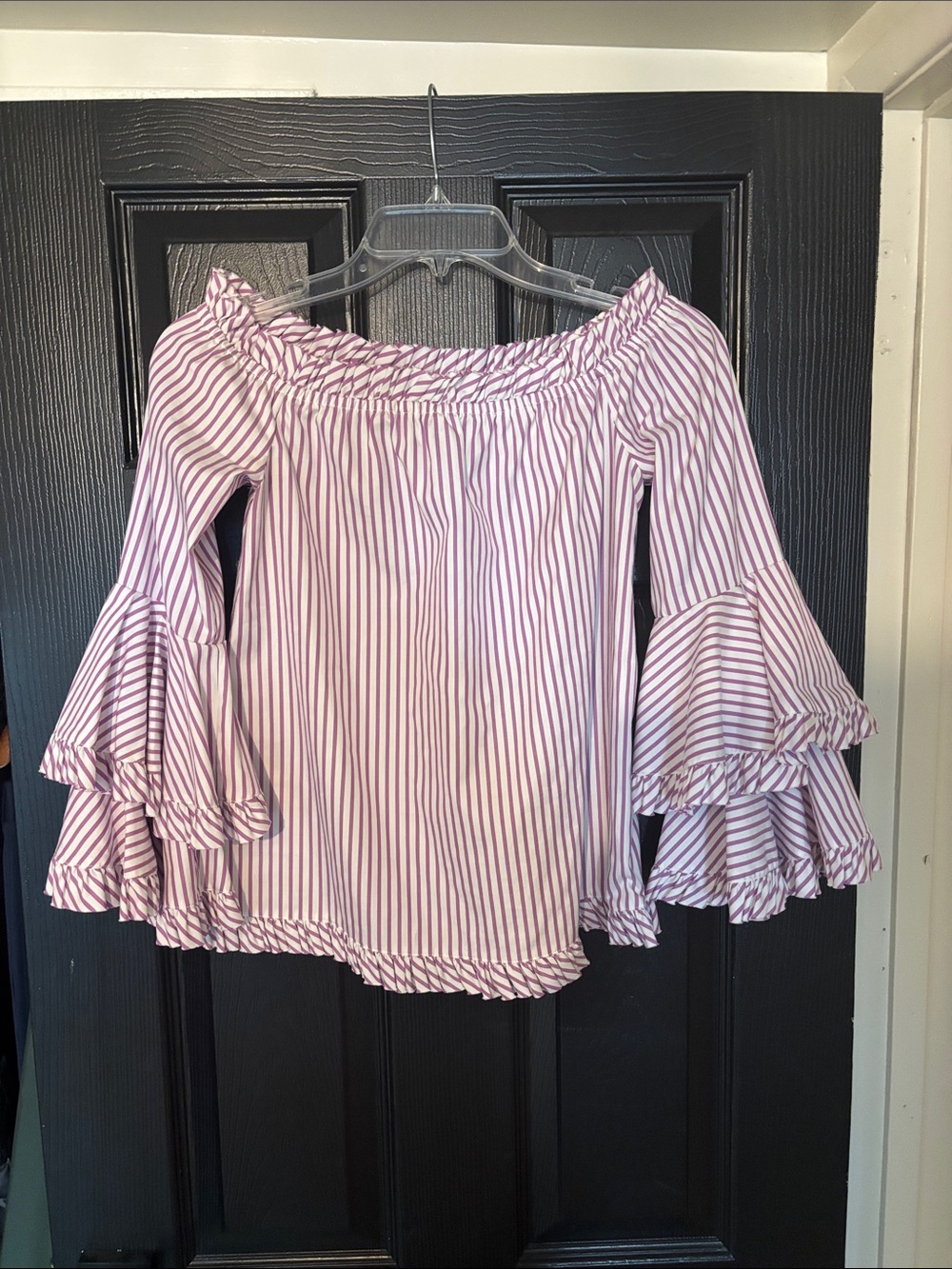 Caroline Constas Pink and White Striped Off-Shoulder Bell Sleeve Top